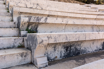 Marble seats in ancient theater in the Acropolis of Rhodes. Rhodes island, Greece