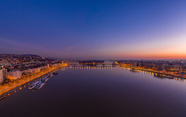 Aerial drone shot of Margaret island bridge in Budapest dawn before sunrise