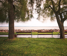 Long exposure photo of a bench at lake Balaton 