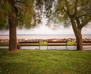 Long exposure photo of a bench at lake Balaton 