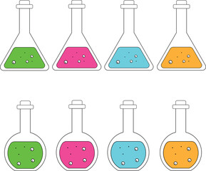 Chemical flasks with color solutions, round and triangular.