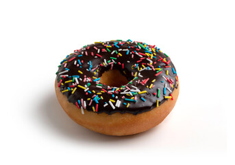 Donut with a chocolate coating and decorated with colored sprinkles