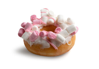 Donut topped with marshmallows. Isolated on white background