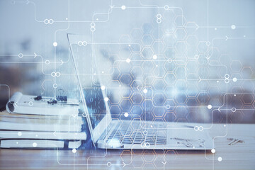 Double exposure of computer and technology theme hud. Concept of innovation.