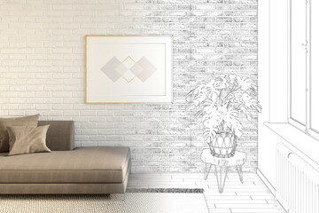 The sketch becomes a real white room with a horizontal poster on a brick wall, with a soft sofa, with a plant on a wooden table next to the window. Mockup poster. Front view. 3d render