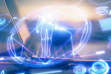 Desktop computer background and education theme drawing. Double exposure. Study concept.