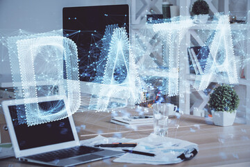 Multi exposure of computer on background and technology theme drawing. Concept of innovation.