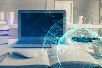 Computer on desktop with social network theme icon. Multi exposure. Concept of international connections.