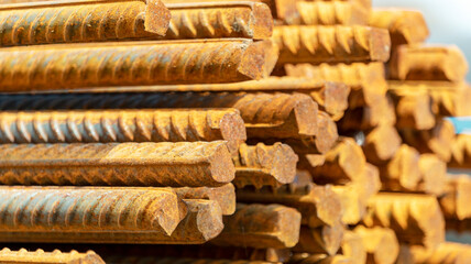 rusty bars of iron rebar on a construction site