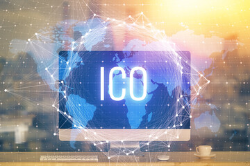 Multi exposure of blockchain theme hologram and table with computer background. Concept of bitcoin crypto currency.