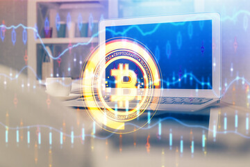Multi exposure of blockchain theme hologram and table with computer background. Concept of bitcoin...