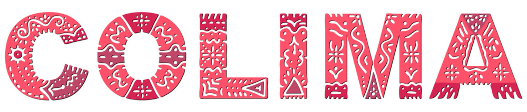 Colima. Red isolated inscription with national ethnic ornament. Patterned Mexican Colima for print on clothing, t-shirt, souvenir, booklet, poster, banner, flyer, card, bag. Stock vector picture.