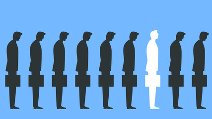Vector illustration of a group of businessmen standing with briefcases and one stands out with head raised. One bisenessman stand out and is different from the rest. Represents concept of uniqueness