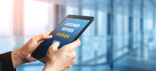 Customer review satisfaction feedback survey concept. User give rating to service experience on...