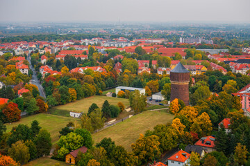 Leipzig, Panorama. Beautiful autumn day, top view on the city from Voelkerschlachtdenkmal.