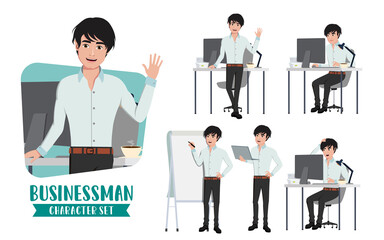Businessman office desk character vector set. Business man office young male characters in standing and sitting in desk table working with computer laptop. Vector illustration   