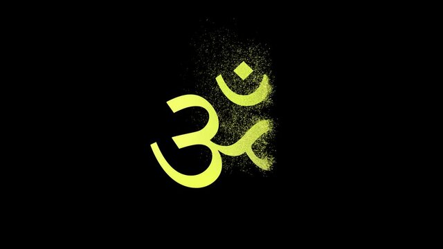 Golden Aum (Om), hinduism religious symbol on transparent background. Appearance from glitter golden particles effect. Stardust cloud. Glitter effect. 4k video 