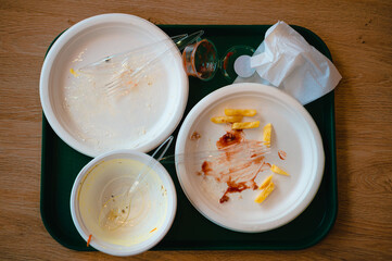 empty dirty plates from the food eaten on the tray