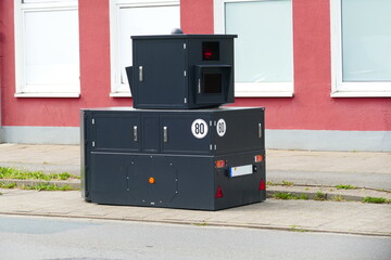 New radar trap or speed trap, speed camera disguised as a trailer, city of Neustadt, Hanover...