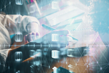 Multi exposure of woman's hands on background with technology and digital coding icons. Data development concept.