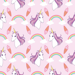 Seamless fantasy pattern with unicorns rainbow and ice cream on pink background