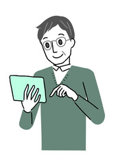 タブレットをもつシニア男性
