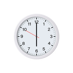 Round white wall clock showing six o'clock, isolated. Vector illustration