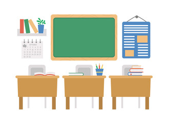 Vector empty school classroom illustration. Flat class room interior with chalk board, desks, books. Back to school or lesson concept on white background..
