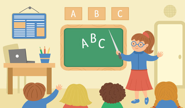Elementary school classroom illustration with teacher at the chalk board and cute happy schoolchildren with hands up ready to answer teacher’s question. Back to school flat picture