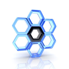 Obraz na płótnie Canvas Illustration of unique black hexagon and many blue glass (concept of uniqueness and communication)
