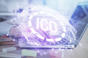 Blockchain theme hud with businessman working on computer on background. Concept of crypto chain. Double exposure.