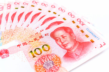 Official currency of China. Renminbi, abbreviation RMB. Yuan basic unit of the renminbi. Set of one hundred yuan close up. Chinese money. Business concept.