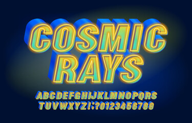 Cosmic Rays alphabet font. 3D effect letters, numbers and symbols. Stock vector typescript for your typography design.