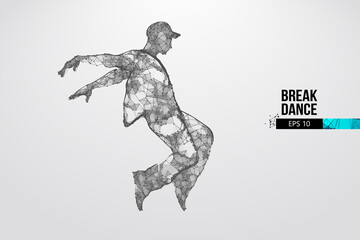 Abstract silhouette of a wireframe breake dancer. Teenager dance hip-hop. Man BBoy from particles on the white background. Convenient organization of eps file. Vector illustartion. Thanks for watching