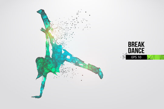 Abstract silhouette of a wireframe breake dancer. Teenager dance hip-hop. Woman BGirl from particles on the white background. Convenient organization of eps file. Vector. Thanks for watching