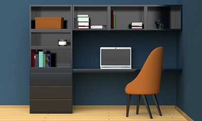 Home workplace interior with black furniture, a blue wall and a laptop. Front view. 3d rendering