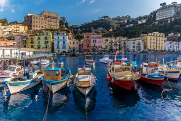Fototapeta na wymiar A panorama view of fishing boats moored in the Marina Grande, Sorrento, Italy