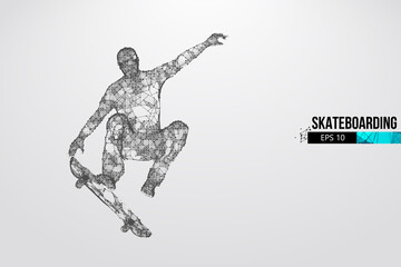 Skateboarding. Abstract silhouette of a wireframe skateboarder from particles on the white background. Convenient organization of eps file. Vector illustartion. Thanks for watching