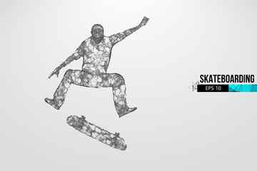 Fototapeta na wymiar Skateboarding. Abstract silhouette of a wireframe skateboarder from particles on the white background. Convenient organization of eps file. Vector illustartion. Thanks for watching