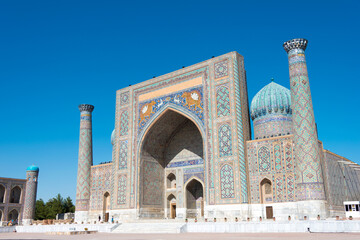 Sher-Dor Madrasa at Registan in Samarkand, Uzbekistan. It is part of the Samarkand - Crossroad of Cultures World Heritage Site. © beibaoke