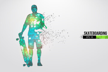 Skateboarding. Abstract silhouette of a wireframe skateboarder from particles on the white background. Convenient organization of eps file. Vector illustartion. Thanks for watching