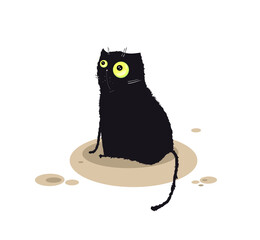 A black fat curly cat looks away, isolated on a white background. Cartoon vector illustration.
