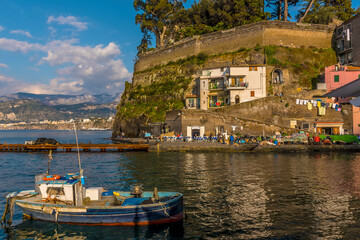 A view along the coastline of Sorrento from the Marina Grande, Sorrento, Italy