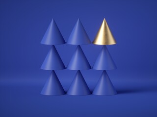 3d render, abstract geometric design: golden cone amongst the blue cones isolated on blue background. Balance, gravity, one of a kind exception concept. Matrix of primitive shapes