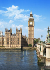 The Palace of Westminster, Big Ben and Westminster Bridge on a sunny morning, London, United...