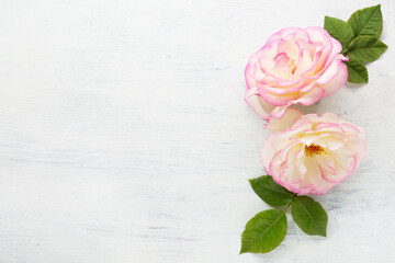 Two  Roses with leaves on a  shabby wooden table. Flat lay.