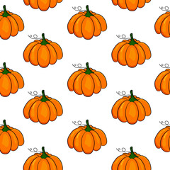 Seamless pattern with orange pumpkins on white background.Cartoon style  vector illustration. Design for  textile,wrapping paper,kitchen print,wallpaper, fermer market.
