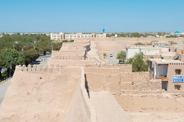 City wall of Ancient city of Itchan Kala in Khiva, Uzbekistan. Itchan Kala is Unesco World Heritage Site.