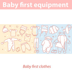 Baby first equipment. Clothes for newborn baby.