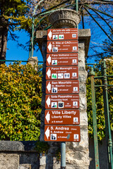 Brunate, Italy, February 12, 2020. Directory of directions to city attractions